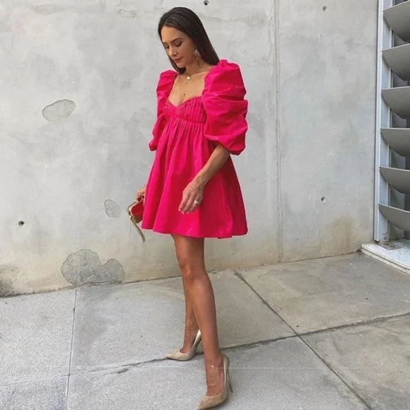 Zara Taffeta Puffed Sleeve Mini Dress Hot Pink Size M - Picture 6 of 7